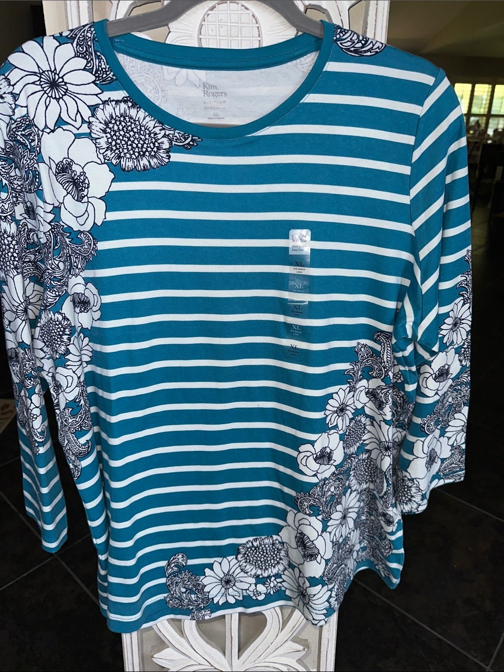 Kim Rogers Teal & White Striped Floral Accent Top Size XL NWT